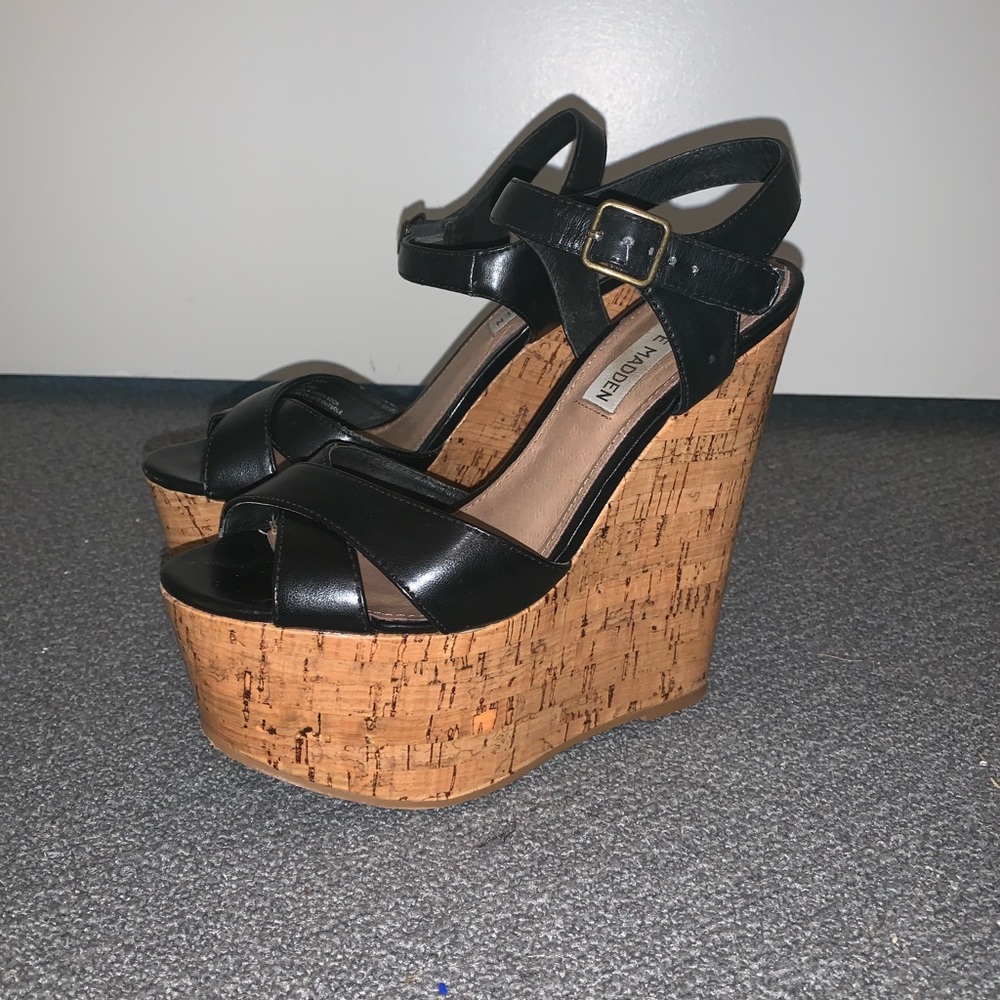 Steve Madden Black Cork Platform Wedges